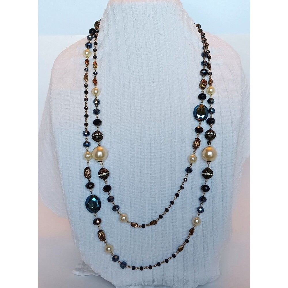 Beautiful Ornate Goldtone Faux Pearl Dark Blue AB Glass Metal Bead Necklace 72"